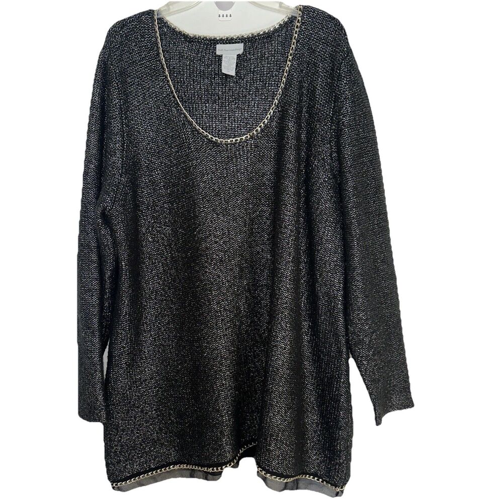Soft Surrounding Womens 3X Sweater Wool Blend Metallic Knit Pullover Black Chain